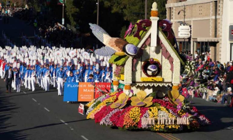 Lincoln-Way Band marches past fire in Rose Parade