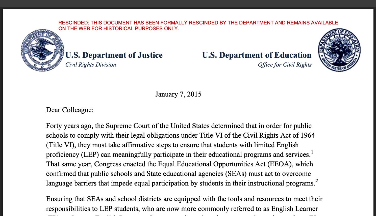 US Ed. Dept. rescinds guidance on English learners